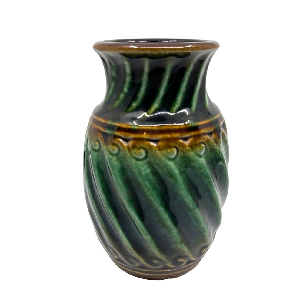 Vintage W. Germany Pottery Vase 7225-15 Green Brown Swirl Mid Century Modern 6in